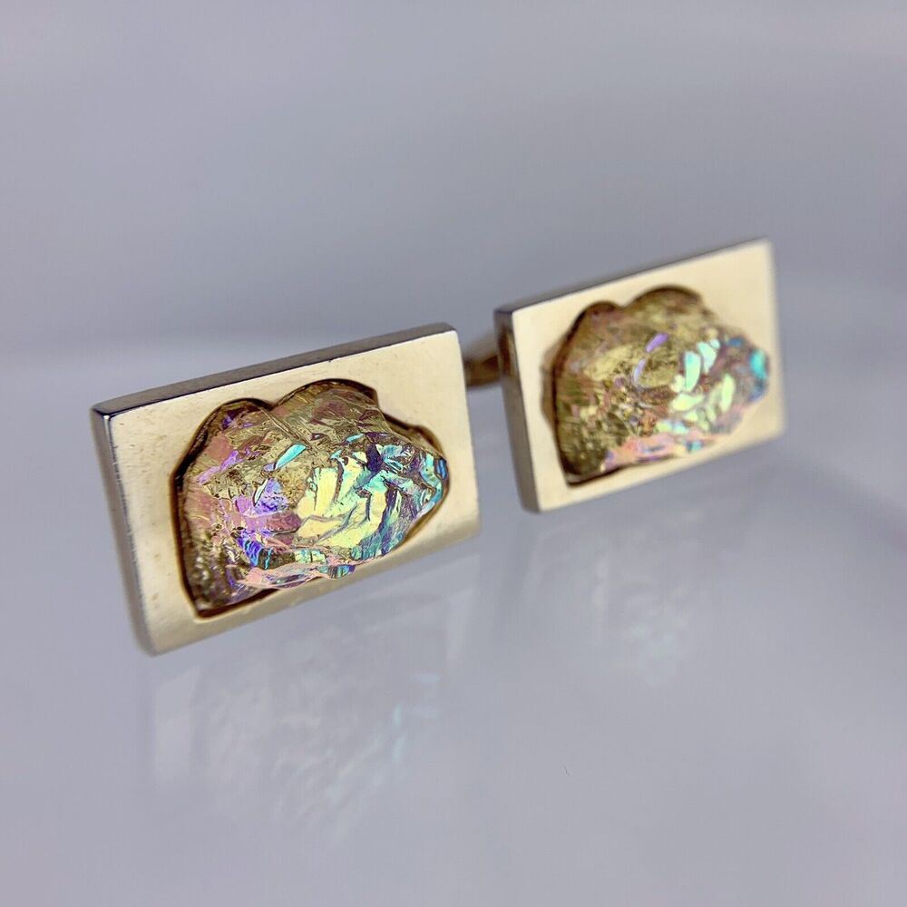 Dichroic Art Glass Nugget Gold Tone Cufflinks Molded Foster Iridescent Vintage